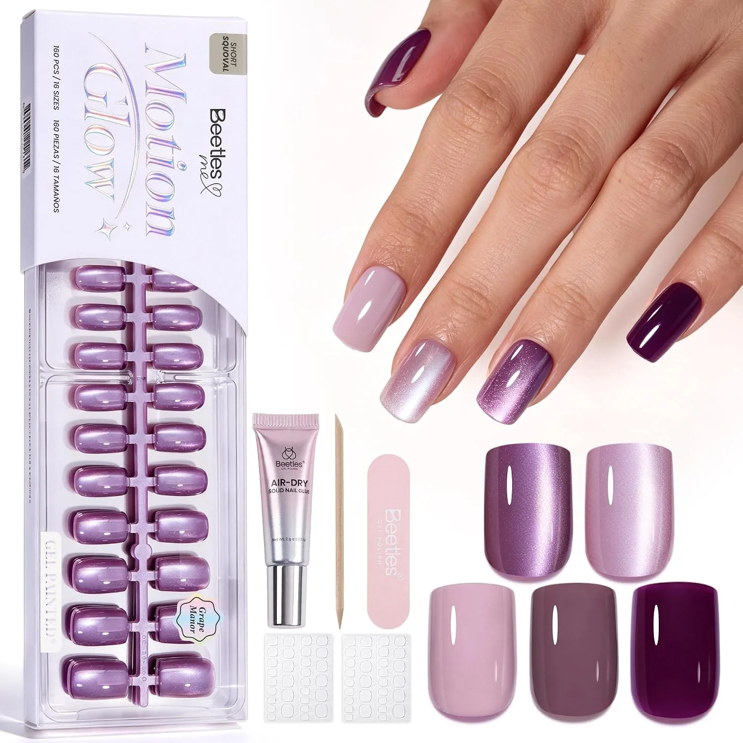 Beetles Purple Press On Nails Short Squoval, 5 Colors, 160 PCS