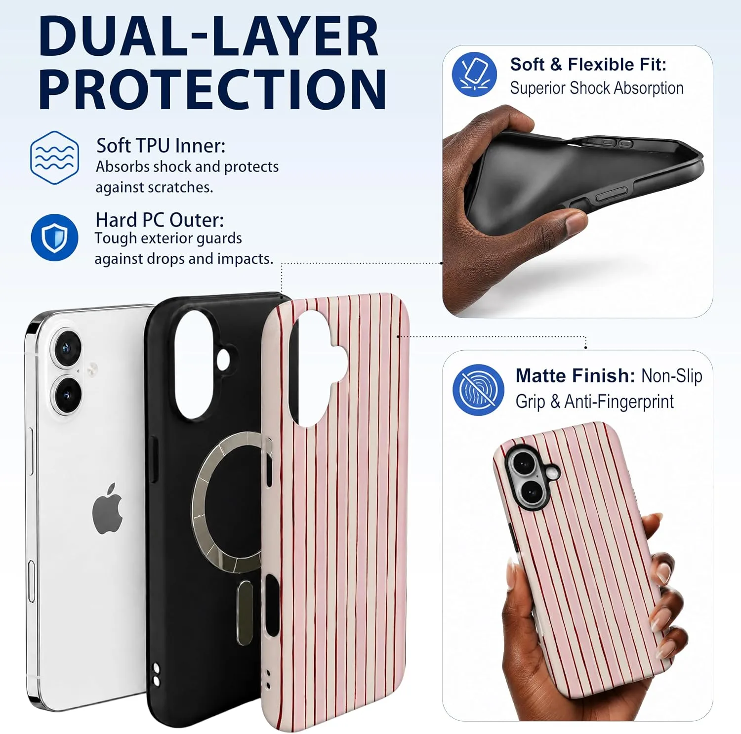 Magnetic for iPhone 16 Plus Phone Case, Pink and White Striped