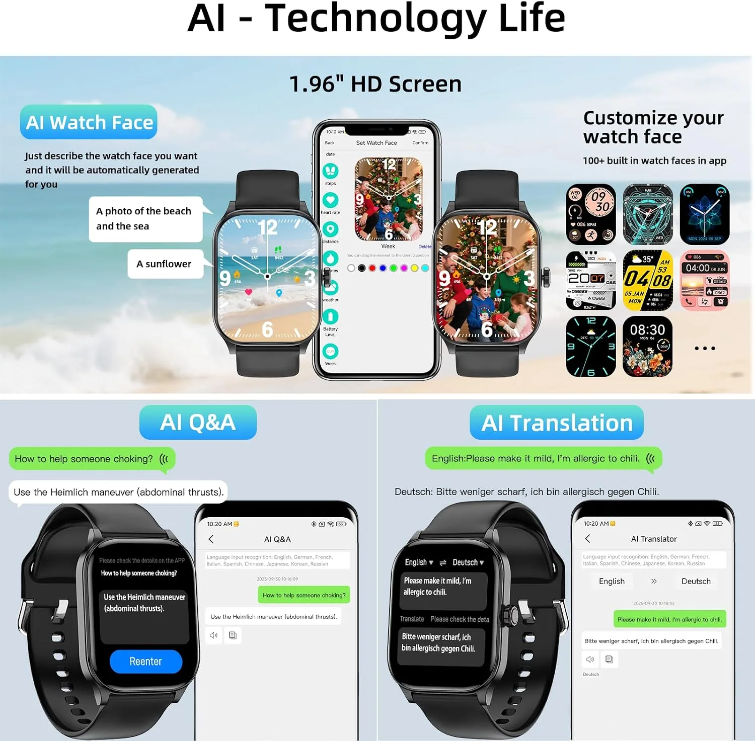 Smart Watch, GPS & Free Maps, 1.96" HD Screen, AI, Bluetooth Call & Text