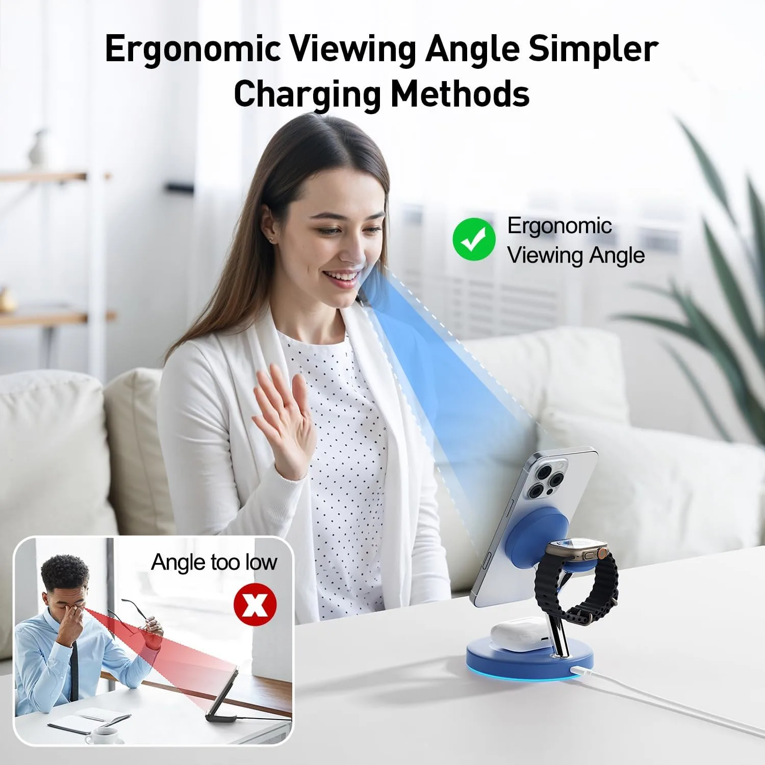 【Adjustable Blue Ambient Light】 Wireless Charger 3 in 1 for iPhone, Magnetic Charging Station for Apple Family,15W Fast MagSafe Charger Stand,for iPhone17-12-iWatch AirPods Series