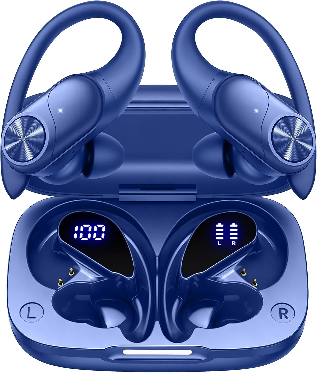 PocBuds Bluetooth Headphones Wireless Earbuds 80hrs Playtime Wireless Charging Case Digital Display Sports Ear Buds with Earhook Deep Bass IPX7 Waterproof Over-Ear Earphones for TV Phone Laptop Navy