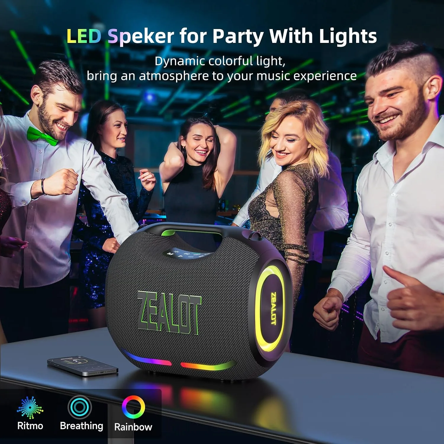 ZEALOT Loud Portable Bluetooth Speaker, 180W Peak Wireless with LED Light
