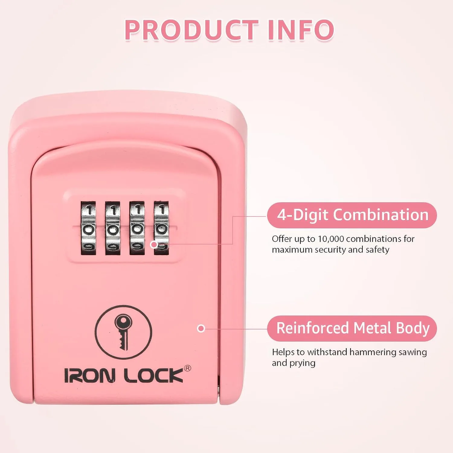 Iron Lock® Small Wall Mount Key Lock Box for Keys Outside (Pink)