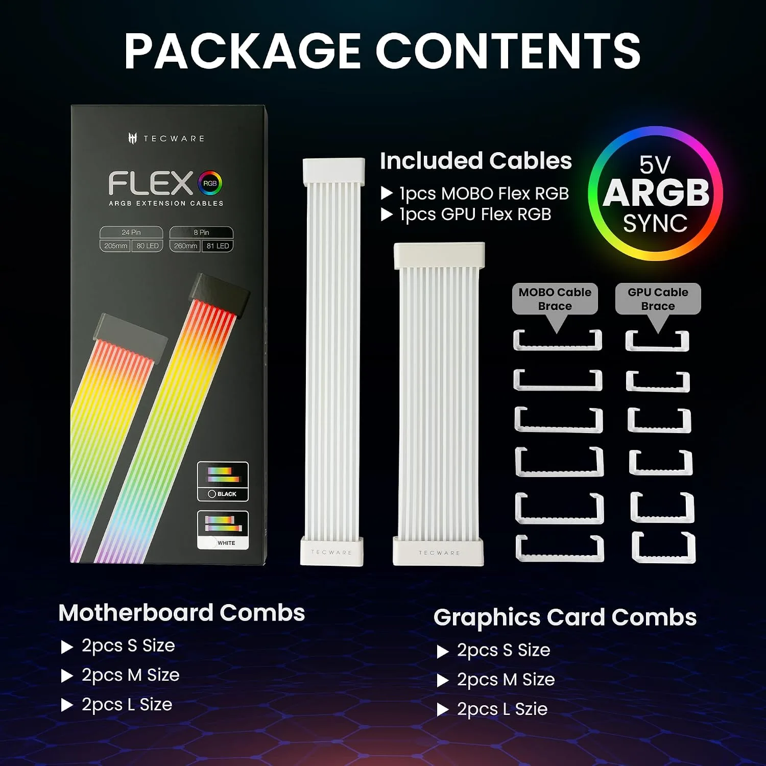 TECWARE Flex RGB Cable Cover Kit | Compatible with 24-Pin Motherboard and 8-Pin/16-Pin GPU | ARGB PSU Cable Extension with 5V 3-Pin Sync | RGB Lighting Kit for PC Cables | White