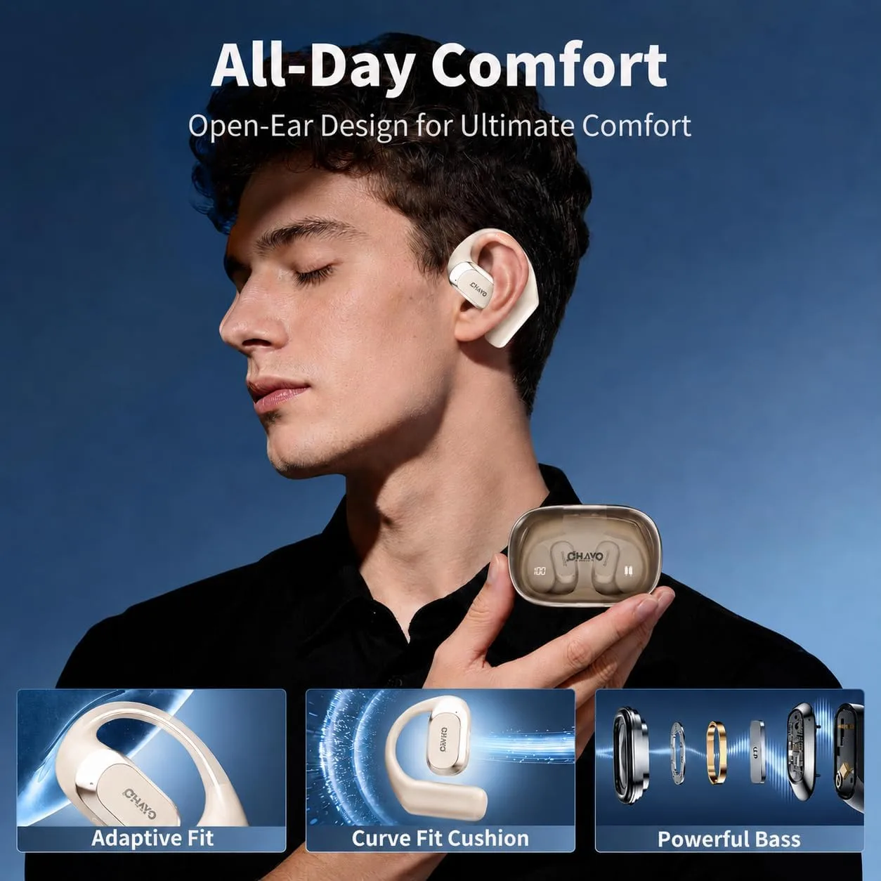 OHAYO Open Ear Headphones,Earbuds with Ergonomic Earhook,Bluetooth Headphones 5.4 with Smart Digital Display,40H Playtime,IPX6 Waterproof,Touch Control Earphones Fit Cycling,Running,Workout(Beige)