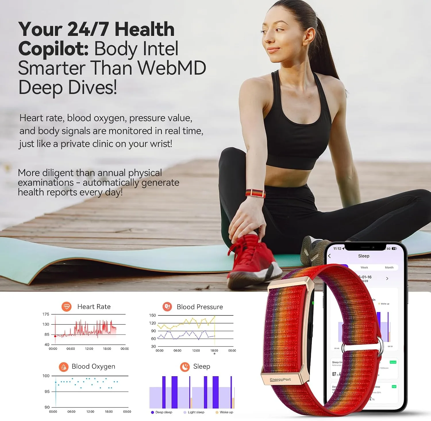 EnergyPort Smart Bracelet, Wearable Activity & Fitness Tracker Band