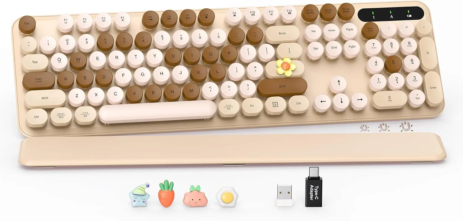 Wireless Keyboard, Round Keycaps, Retro Typewriter Keyboard with Magnetic Wrist Rest, Sleep Mode, Foldable Legs, 2.4GHz Full-Size Cordless Computer Keyboard for Windows PC, Laptop (Beige & Brown)