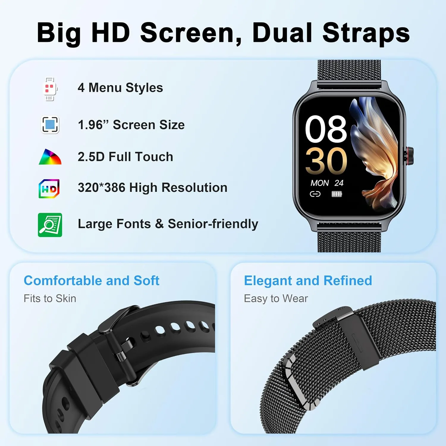 Smart Watch Women Men, 1.96" Reloj Inteligente para Mujer, Fitness Tracker, Blood Pressure/Heart Rate/SpO2 & Sleep Monitor, 110+ Sport Modes, Make/Answer Call, Voice Assistant for iOS Android