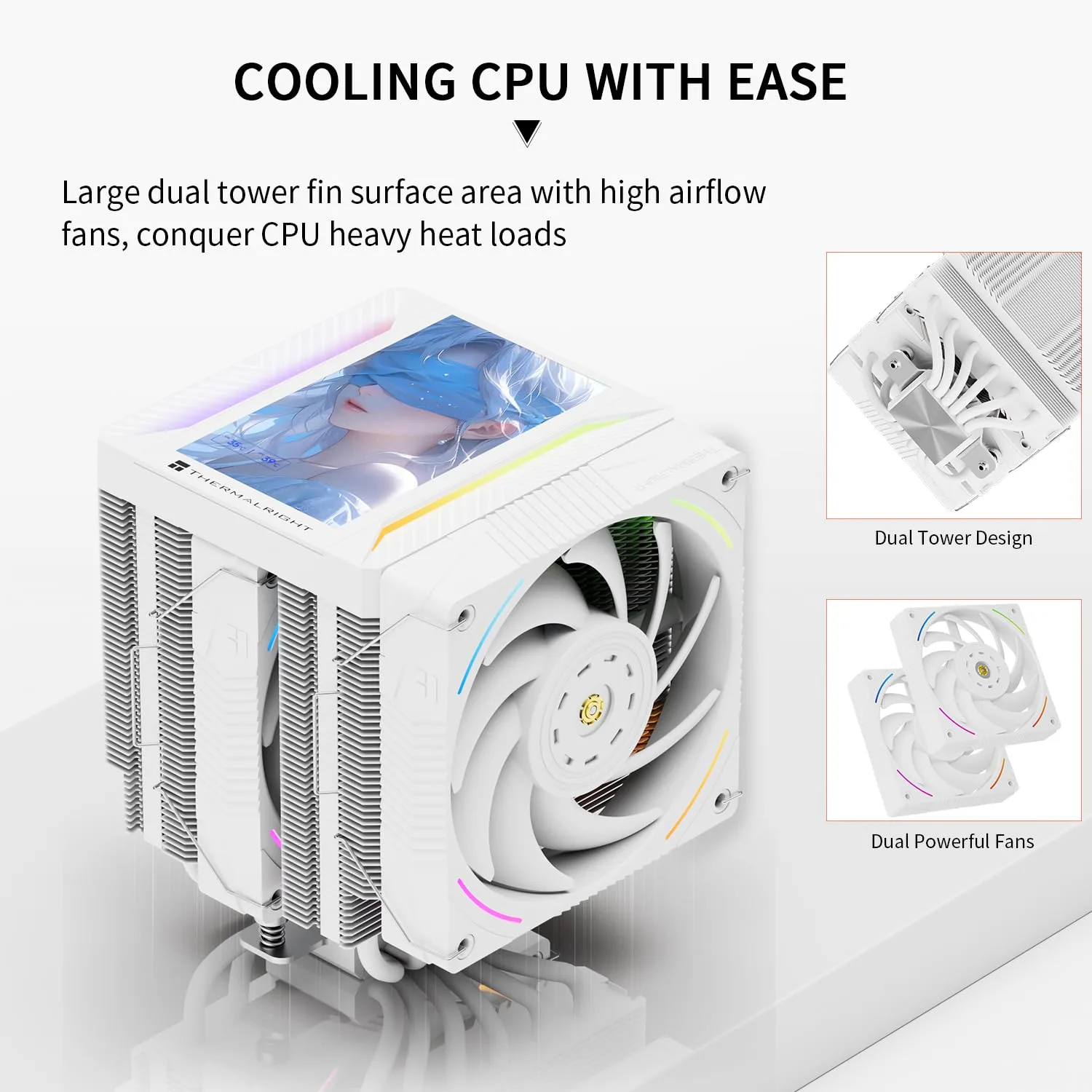 TR Thermalright Peerless Assassin 120 Vision MAX ARGB White CPU Air Cooler,PC Heatsink Cooler with Dual PWM Fans,PC Display Screen Cooler of 5’’-Magnetic,480x854 Resolving,for LGA1851/1700,AM5