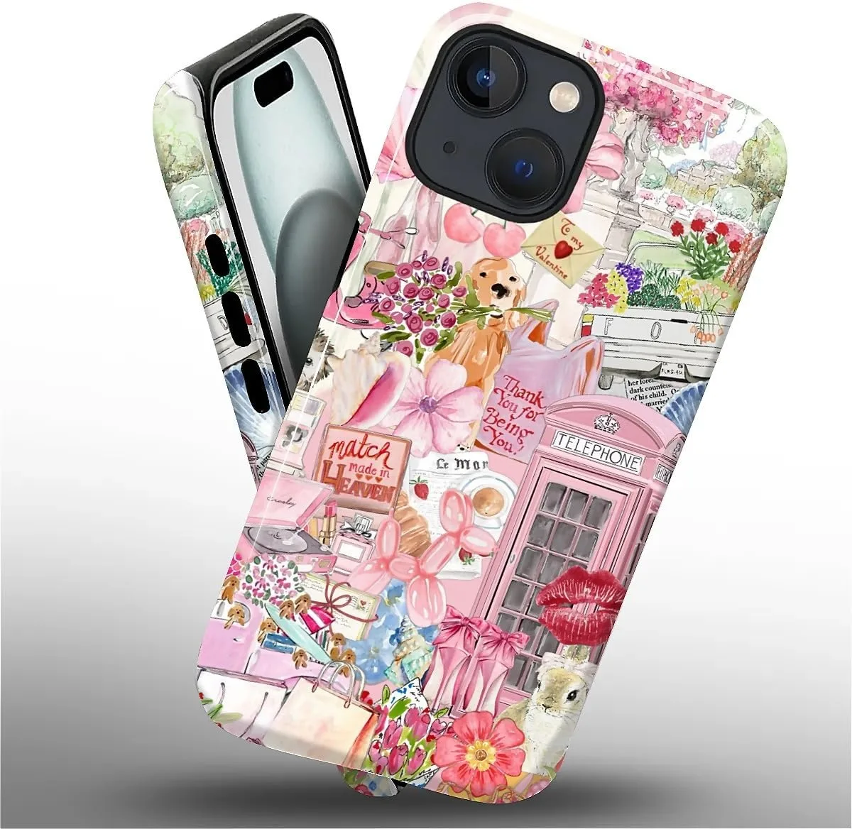 DAIZAG Case for iPhone 15 Plus,Mixed 2 Layer Design Shockproof Soft TPU Ddouble Protection Phone Case for iPhone 15 Plus-Cute Pink Animal Garden Collage