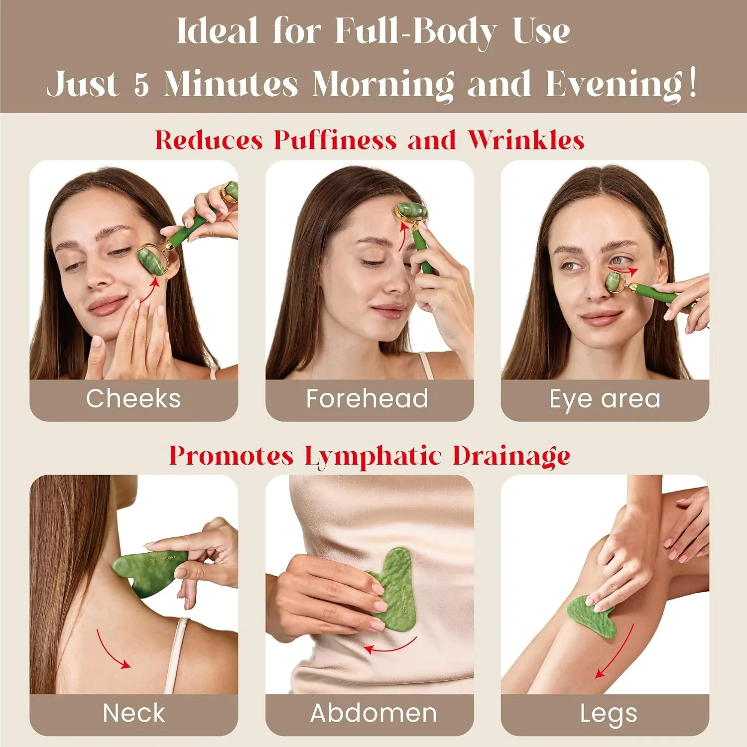 Rena Chris Gua Sha and Face Roller Set: Anti-Breakage Jade Roller for Long-Lasting Use, Jawline Sculpting and Puffiness Reducing, Gua Sha Facial Tools for Self Care Gift (Green)