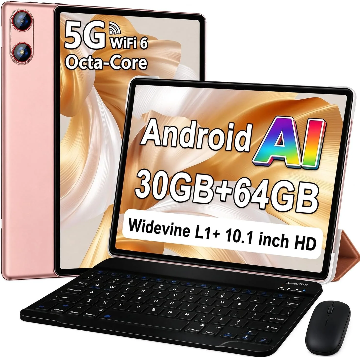 Android Tablet with Keyboard 30GB+64GB+1TB, Tablet 10 Inch Octa-Core Electronics Tablets, Gemini AI, 6000mAh, HD IPS Display, 5G WiFi, Widevine L1, Split Screen - Rose Gold