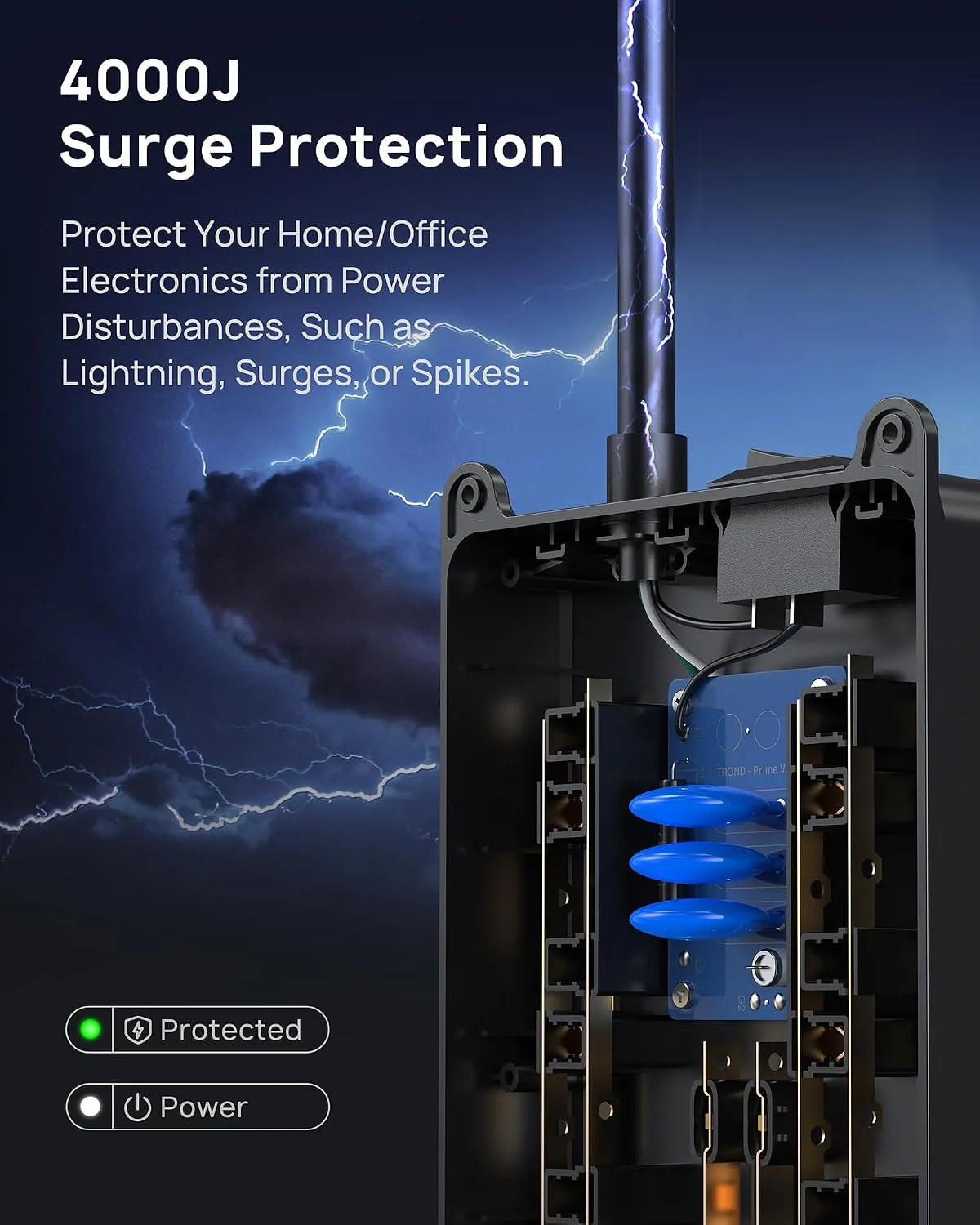 TROND Surge Protector Power Strip 5ft Cord, 4000J, 4 USB, ETL Listed, Black