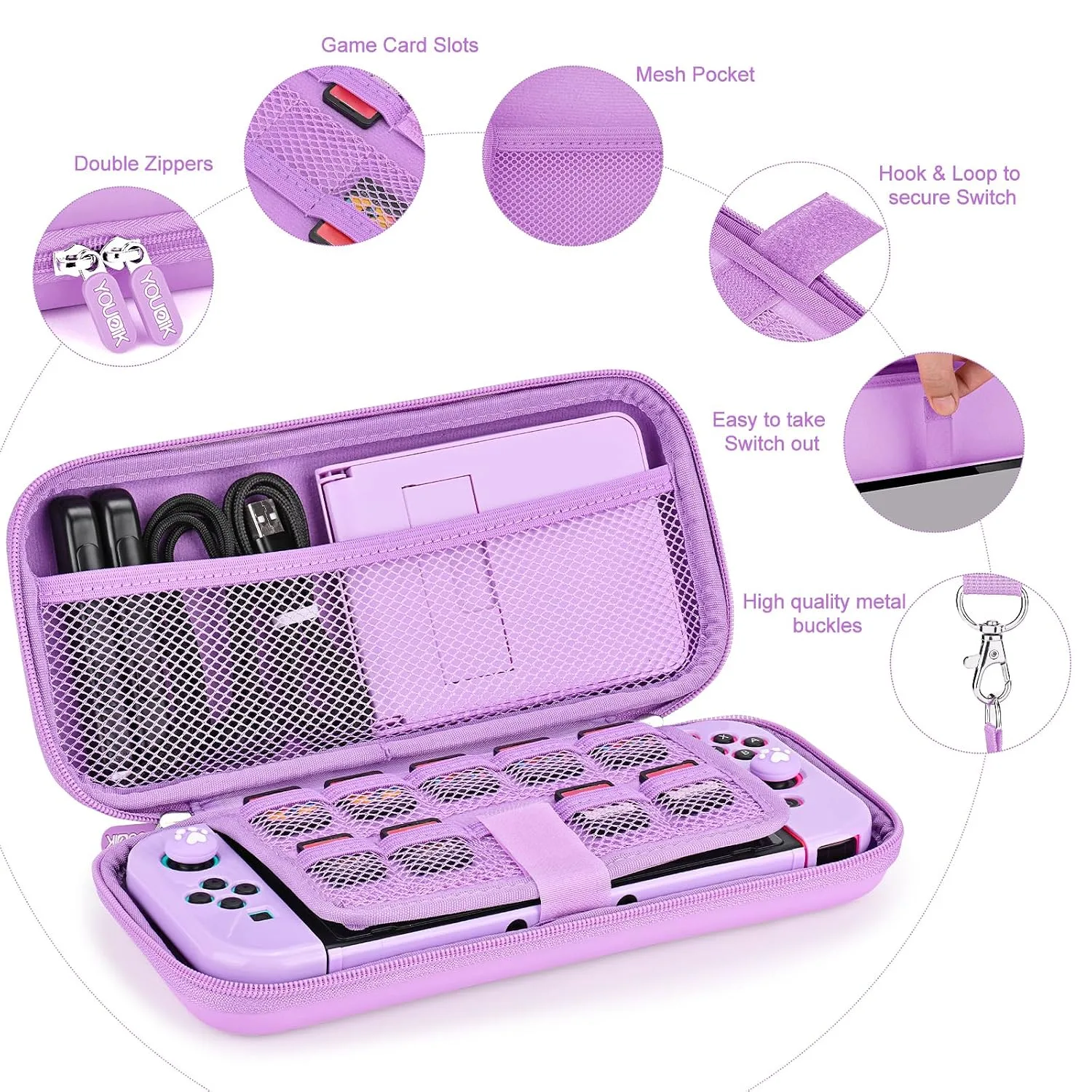 Younik Switch Accessories Bundle, 17 in 1 Purple Switch Accessories Kit for Girls Include Switch Carrying Case, Adjustable Stand, Protective Case for Switch Console & J-Con