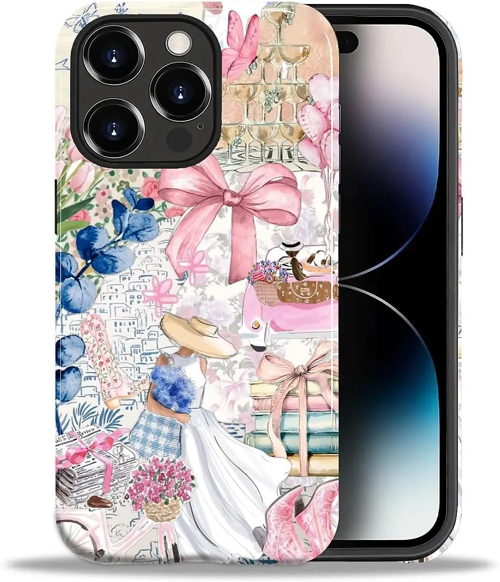 DAIZAG Case for iPhone 14 Pro,Mixed 2 Layer Design Shockproof Soft TPU Ddouble Protection Phone Case for iPhone 14 Pro-Magazine Books Flower Bow Collage