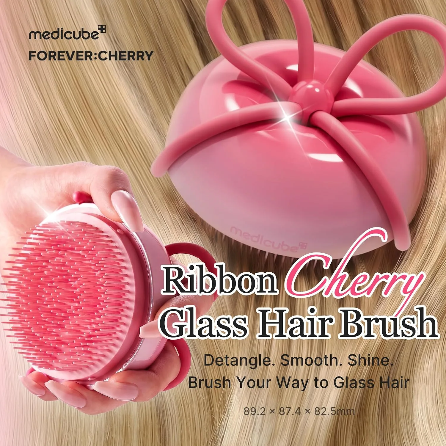 medicube Ribbon Cherry Hair Brush, Detangler for Glass Hair, Pink