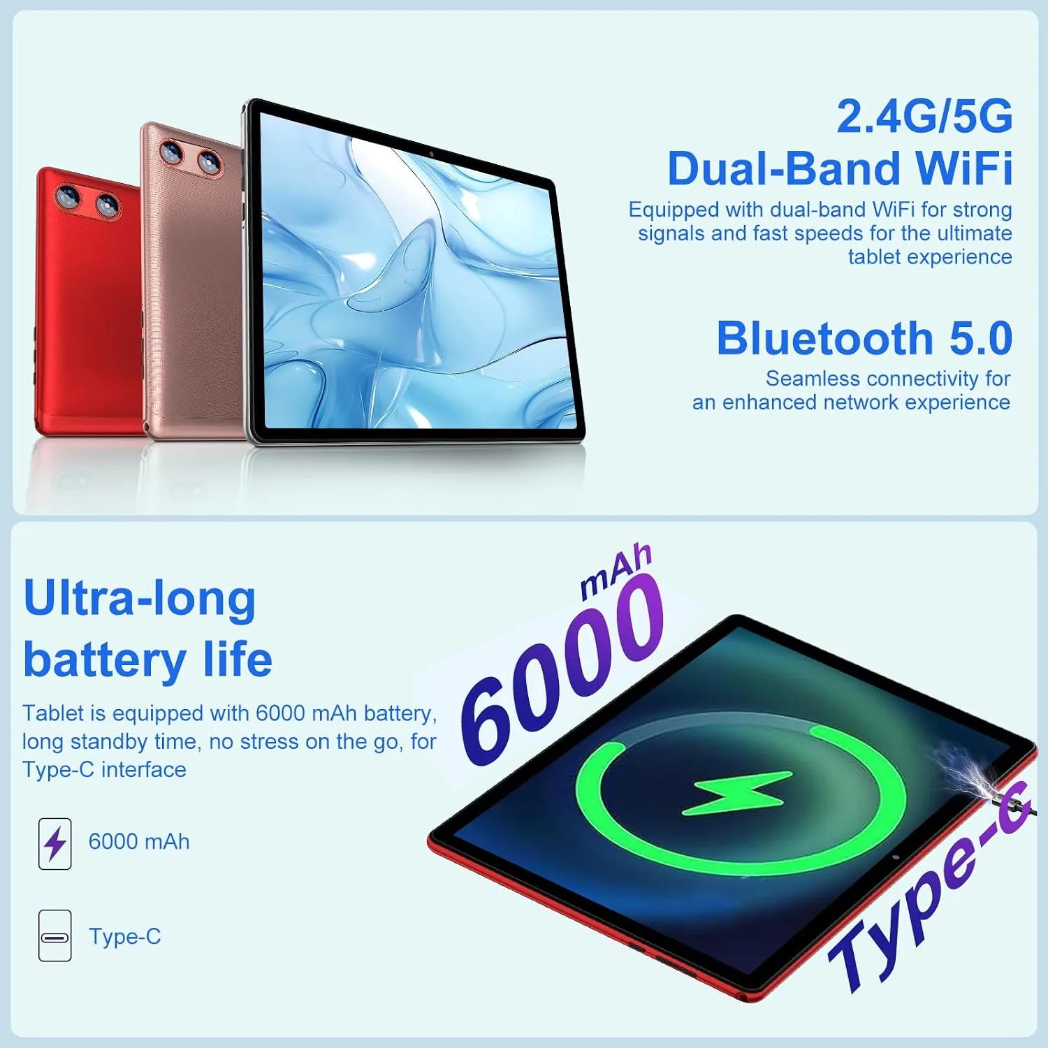 Android Tablet with Keyboard 30GB+64GB+1TB, Tablet 10 Inch Octa-Core Electronics Tablets, Gemini AI, 6000mAh, HD IPS Display, 5G WiFi, Widevine L1, Split Screen - Red