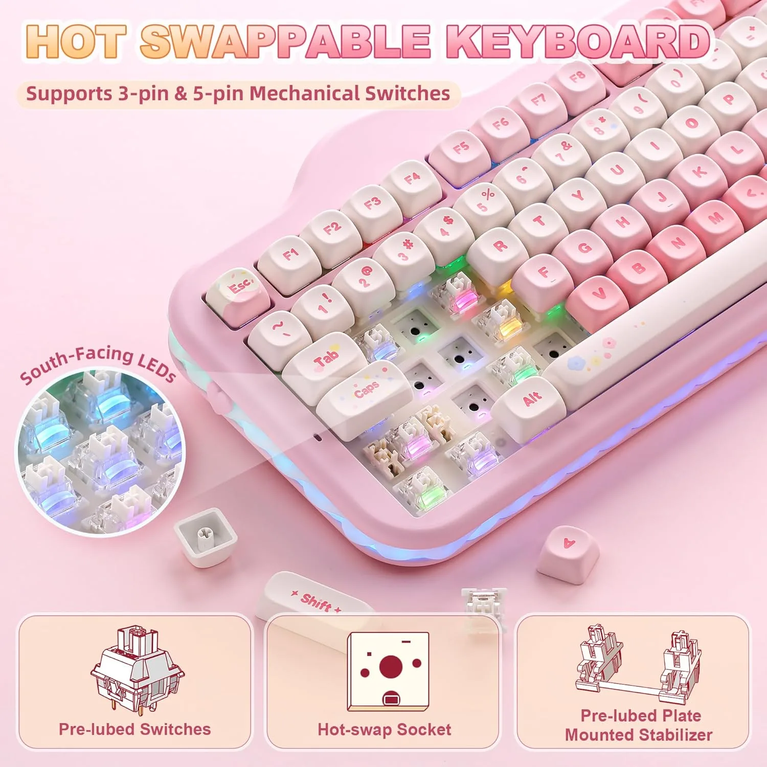 YUNZII C98 Cute Cake Wireless Mechanical Keyboard (Pink, Milk Switch)