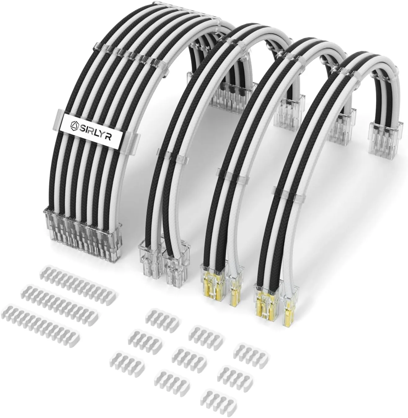 Sirlyr PSU Cable Extension,Customed Pre-Bend PC Power Supply Cable,1x 24 Pin ATX / 1x 8 (4+4) Pin EPS/Longer 2X 8 (6+2) Gold-Plated Pin Pcie,Nylon Sleeved Black White,4 Kits