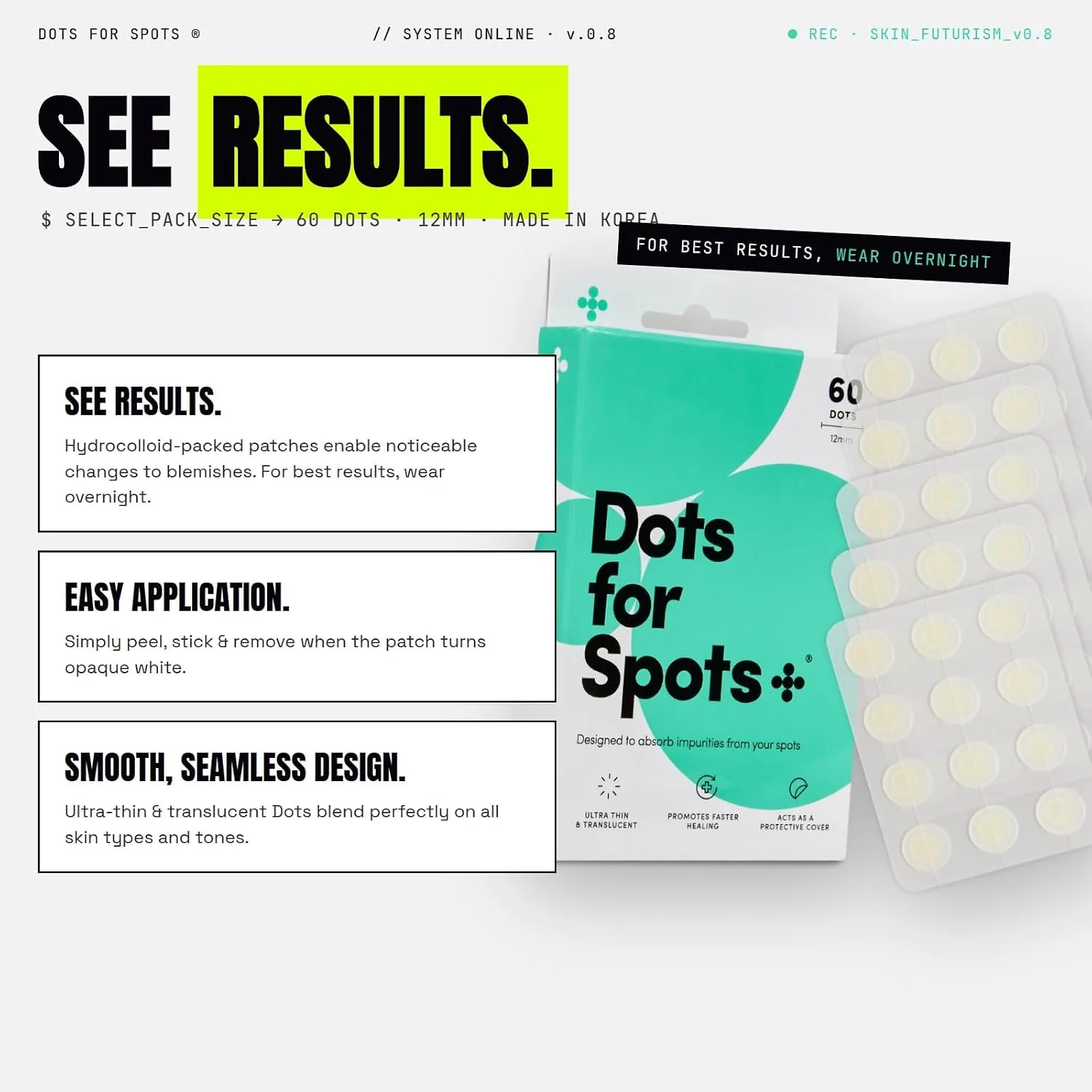 Dots for Spots Pimple Patches For Face, Fast Acting, Translucent Hydrocolloid Zit Patches that Unclog Pores Korean Skin Care, Vegan, Cruelty Free (60 count)