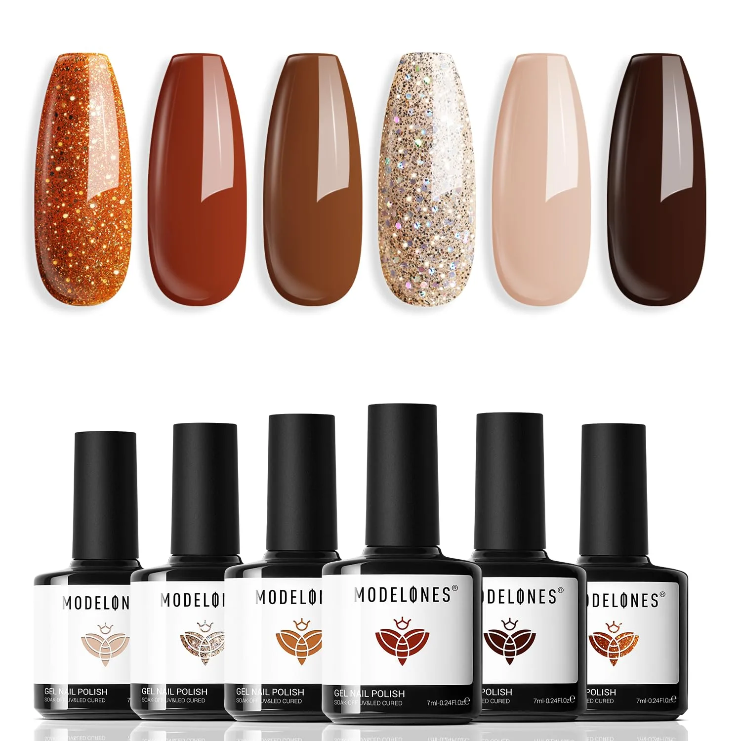 modelones Gel Nail Polish Set Glitter Nude 6Colors Burgundy Brown Caramel