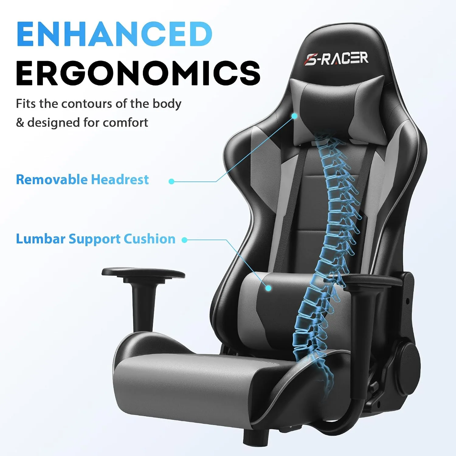 Homall Gaming Chair, Office Chair High Back Computer Chair Leather Desk Chair Racing Executive Ergonomic Adjustable Swivel Task Chair with Headrest and Lumbar Support (Grey)