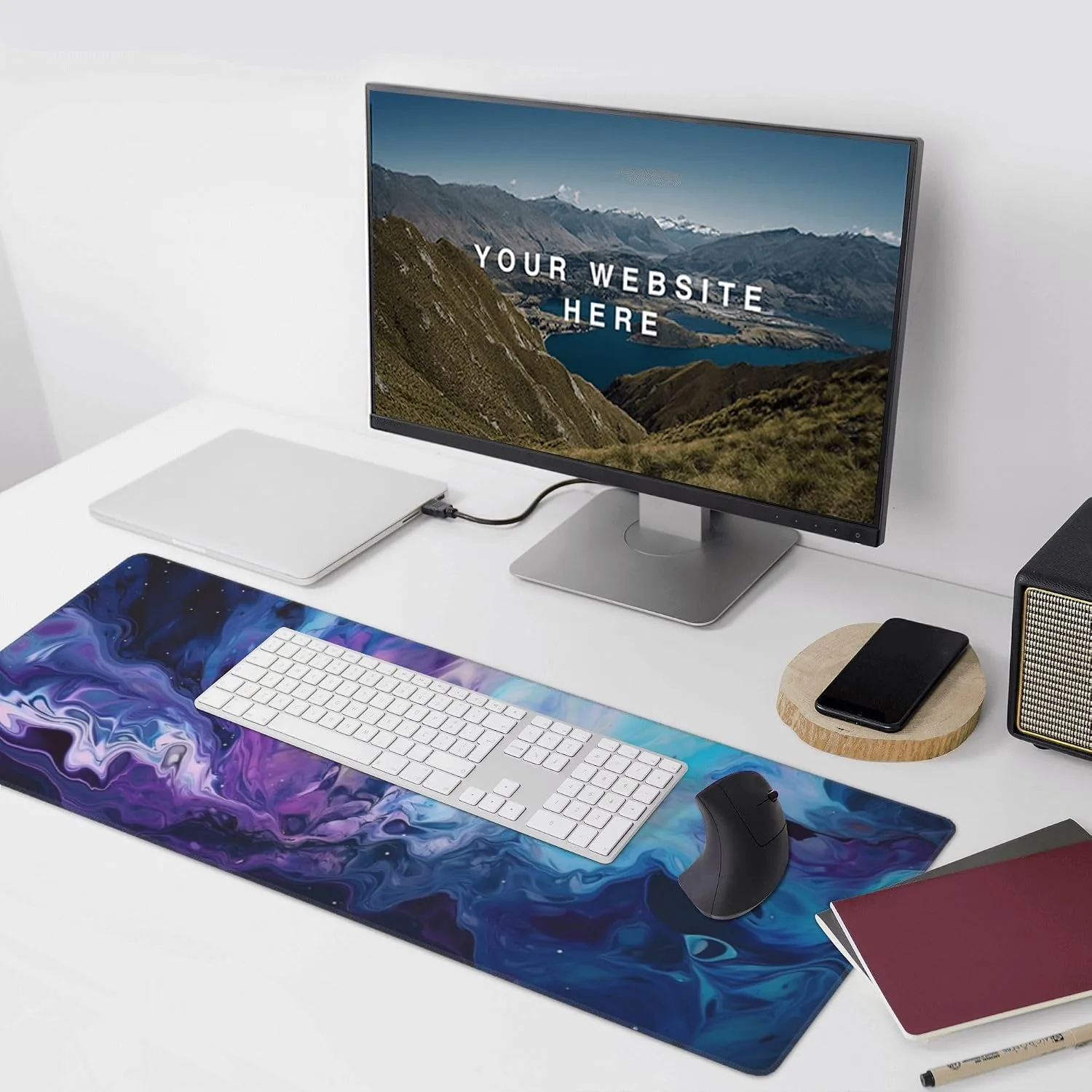 Large Desk Mat with Non-Slip Base, 35.4" x 15.7", Galaxy Marble Design, Wrist Rest and Coaster Included