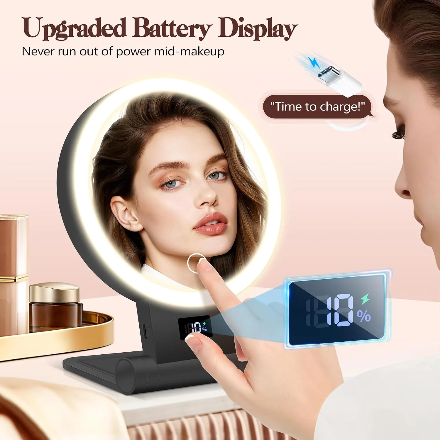 B Beauty Planet Magnifying Mirror with Light 30X, 2000mAh 1X/ 30X Makeup Mirror with Standable Base & Tweezers, 3 Color Modes with Adjustable Brightness& Smart Display, Foldable for Travel Black