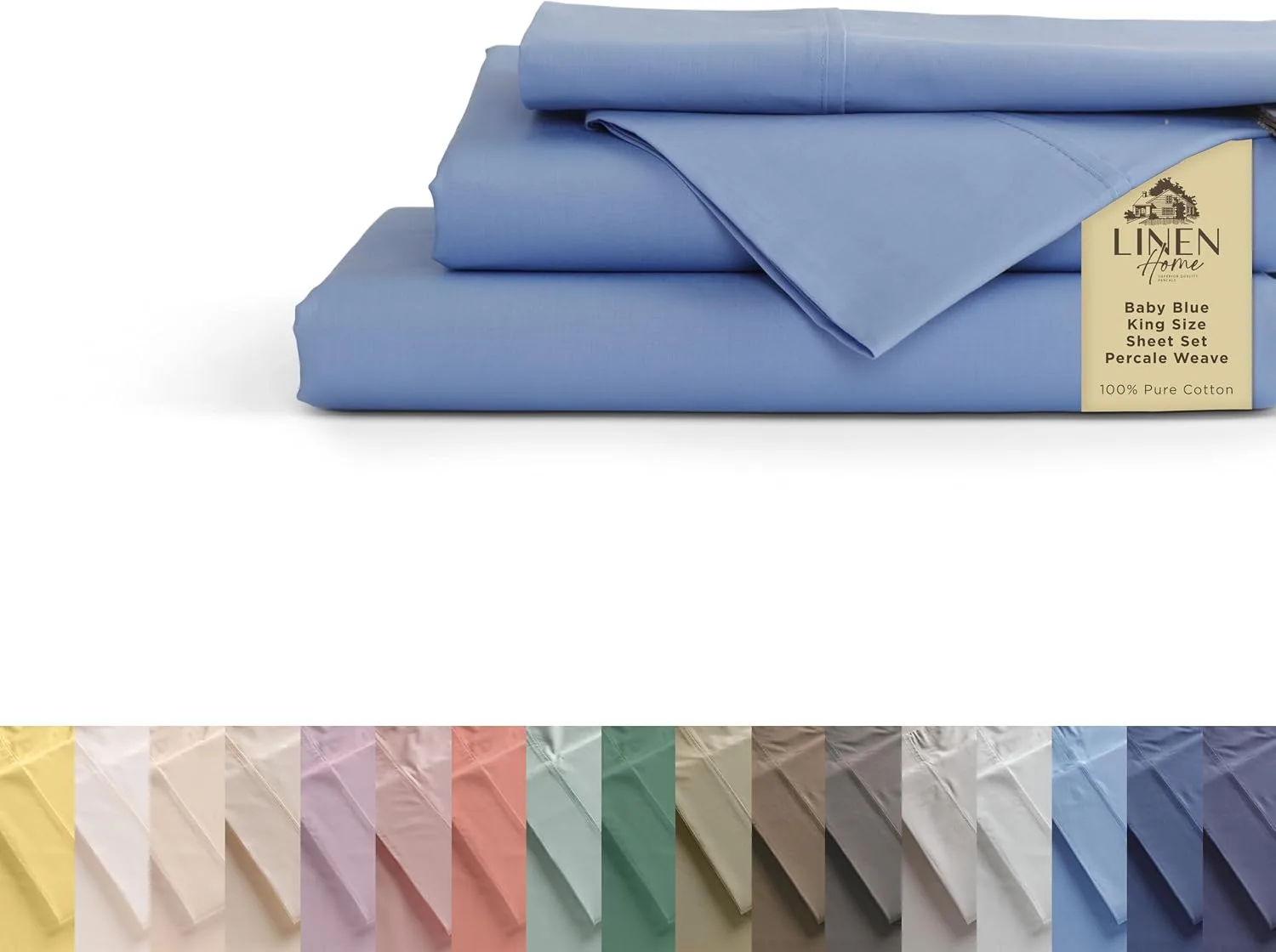 Linen Home 100% Cotton Percale King Sheets, 4 Pc Cooling Set - Baby Blue