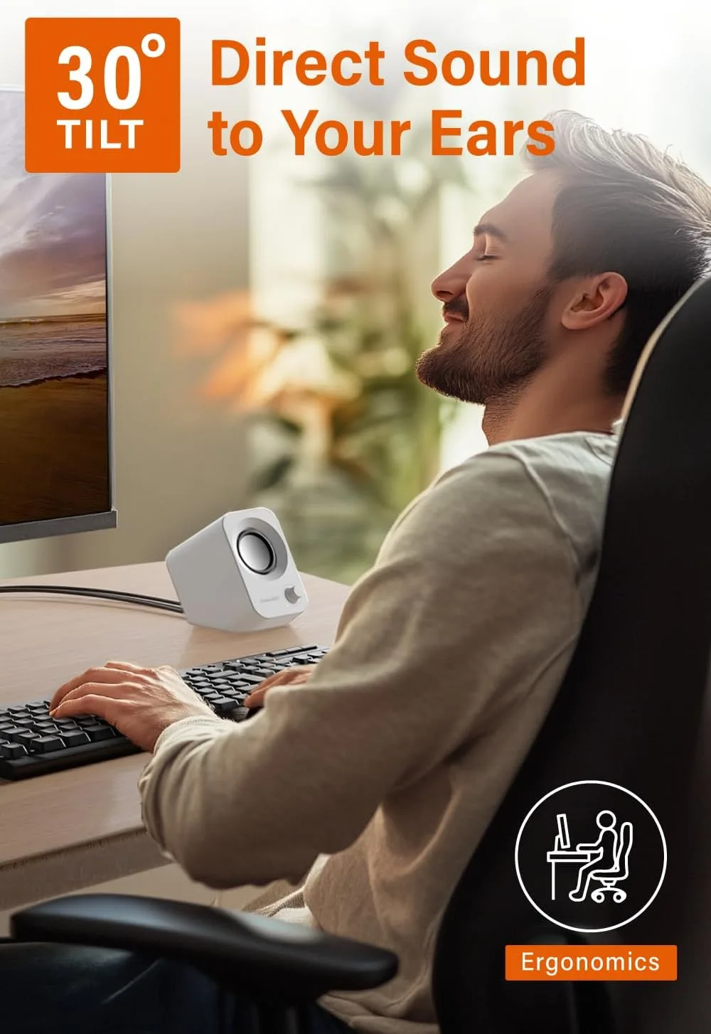 FUNLOGY Speaker - 14W Stereo PC Speakers, USB Powered, Compact Size with 30° Tilt Design, Volume Dial Control, for Desktop, Laptop, Monitor, Gaming Consoles, White