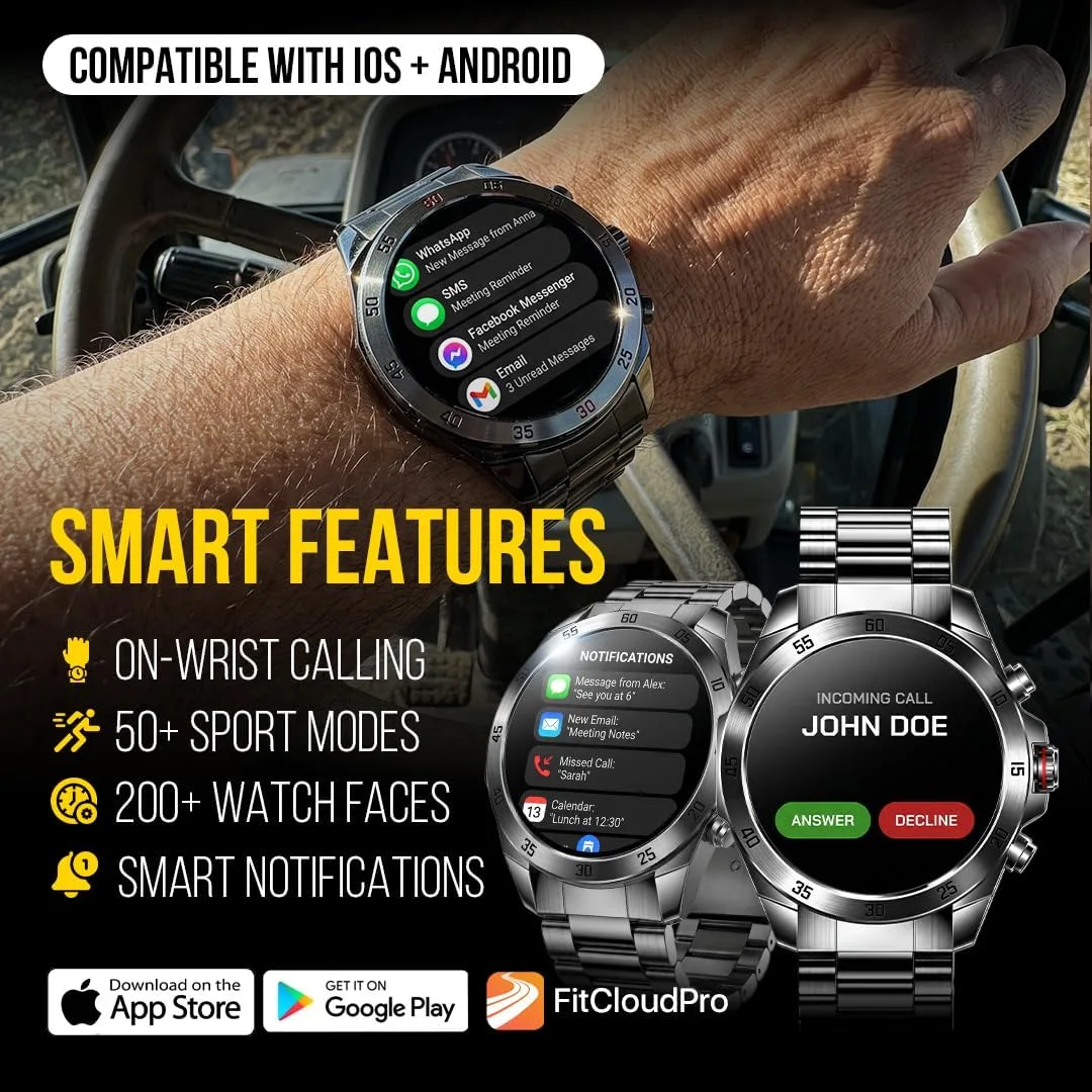 ALPHAGEAR Commander Smartwatch for Men, 1.43" AMOLED Large Screen, Full Metal Stainless Steel Smart Watch, 12-Day Battery, Bluetooth Calling, IP68 Water Resistant, for Android iPhone, Dark Gray