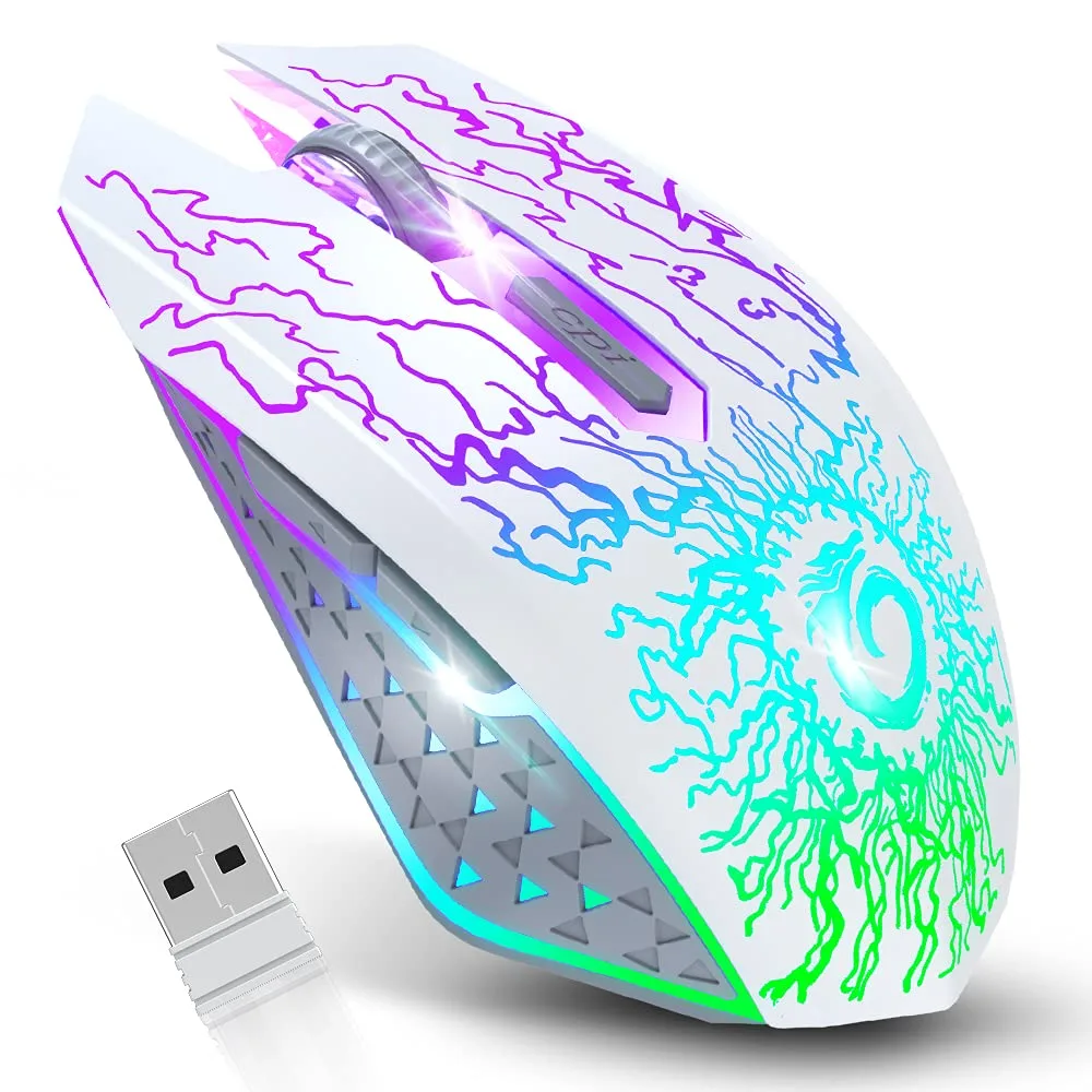 Mouse Gamer inalámbrico VersionTECH blanco recargable con luces LED y 3 niveles DPI