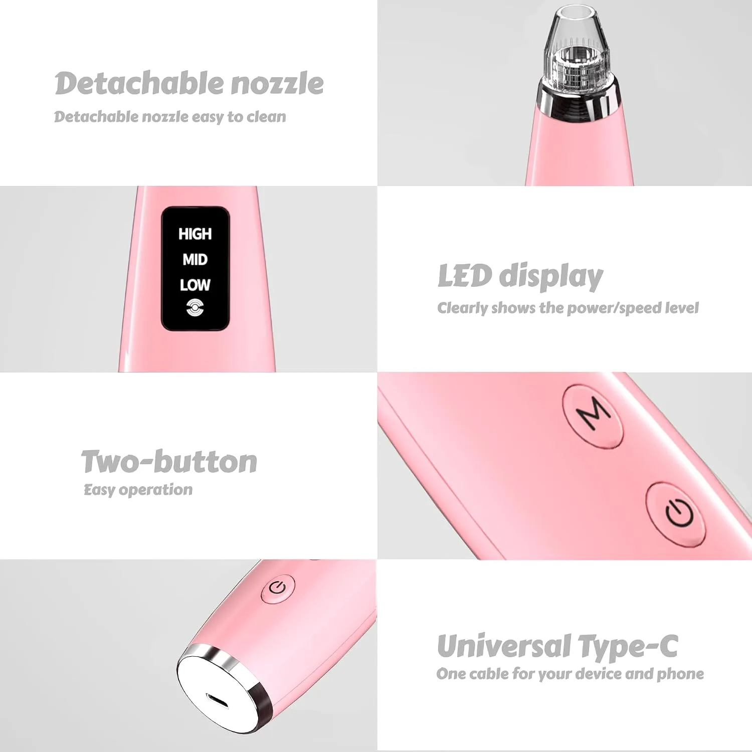 Pore Vacuum for Face & Nose - Blackhead Remover with 3 Adjustable Suction Levels, 6 Interchangeable Probes, USB-C Rechargeable, Portable Pimple Extractor Kit for Whitehead Removal (Pink)