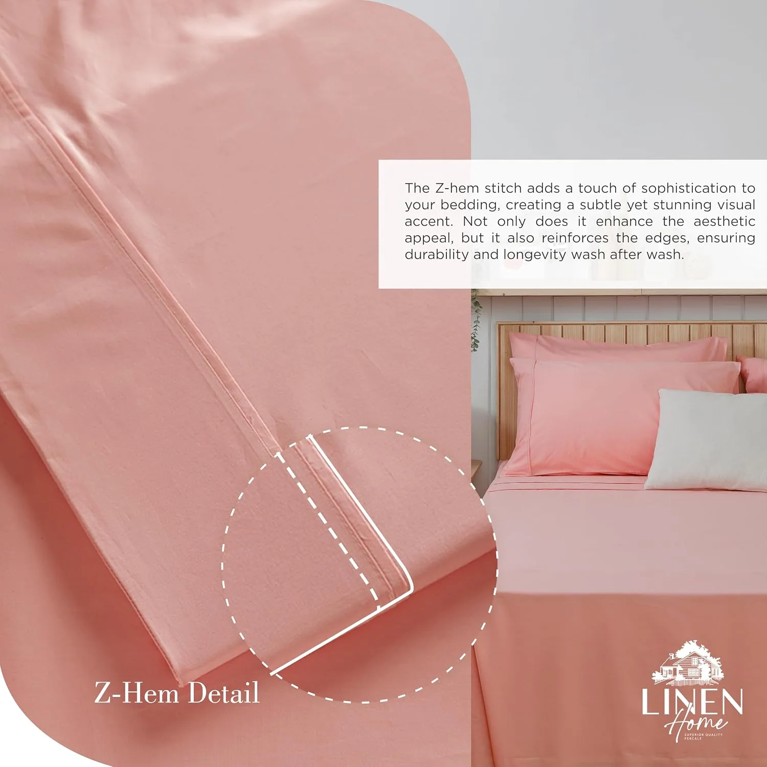 Linen Home 100% Cotton Percale King Sheets, 4Pc Cooling Set - English Rose