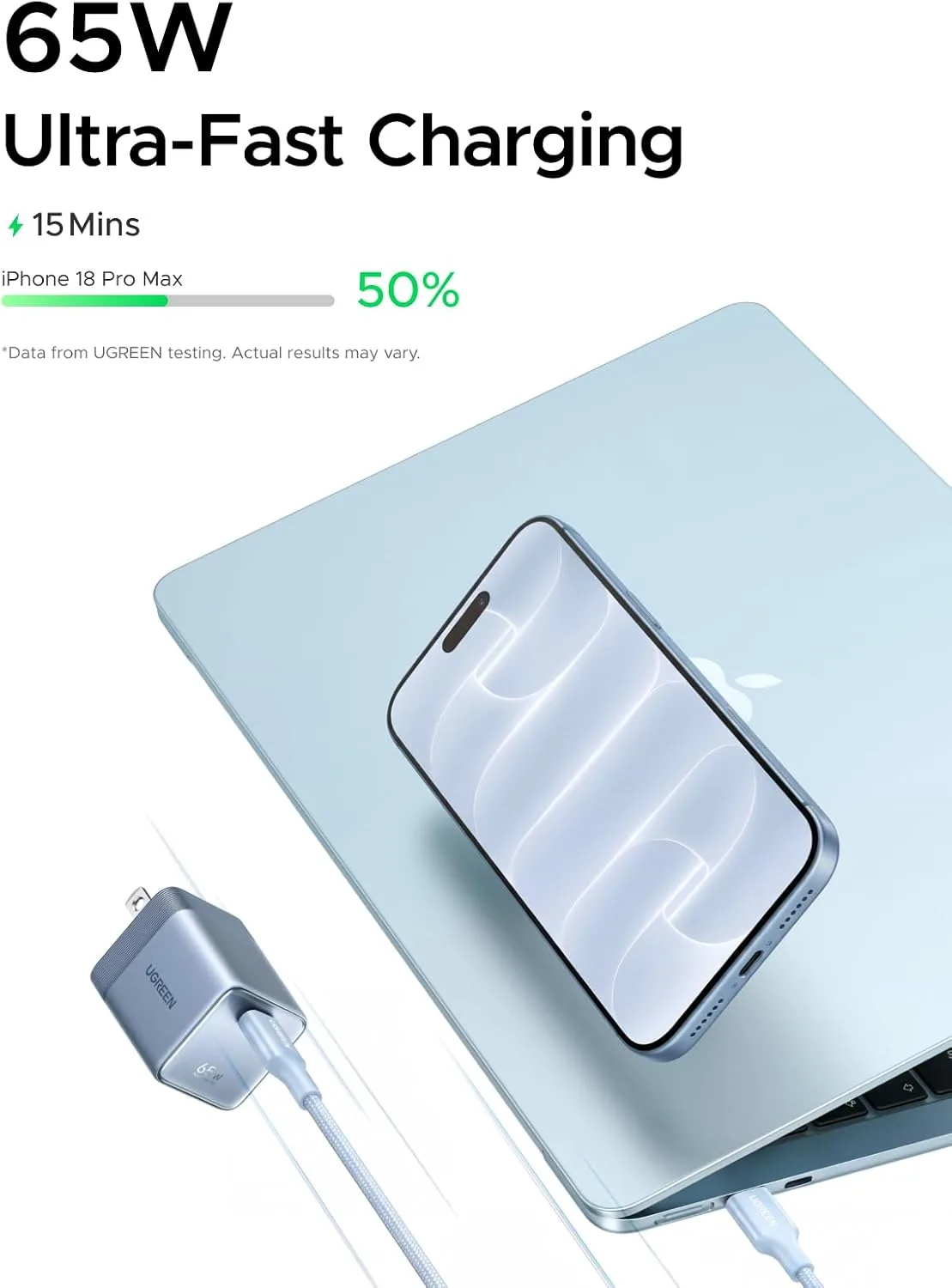 UGREEN Nexode Air 65W USB C GaN Charger Block with 3.3ft Cable, Blue
