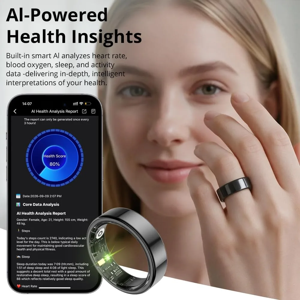COLMI Smart Ring for Women, AI Health Tracker & 5ATM, R02. (Black, 9#)