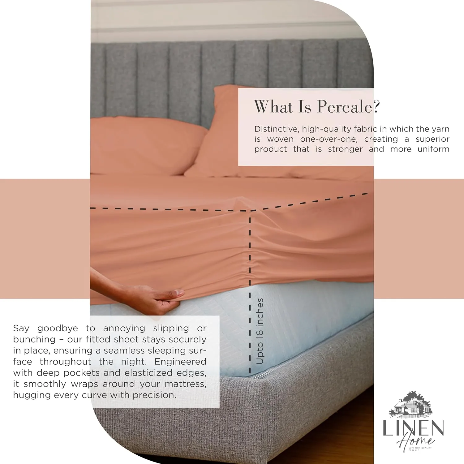 Linen Home 100% Cotton Percale King Sheets, 4 Pc Cooling Set - Tera Clay