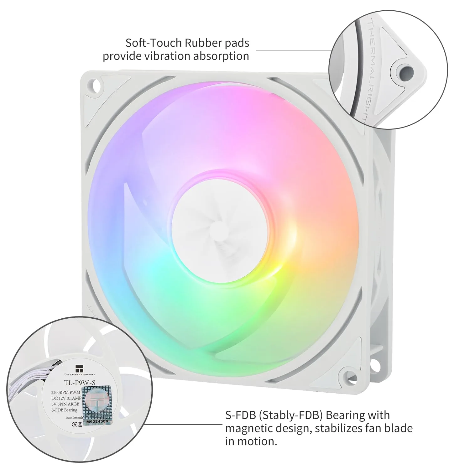 Thermalright TL-P9W-S CPU Fan, Computer Case ARGB Fan Quiet 4PIN PWM PC Cooling, High Performance 92mm Silent Cooler, 2200RPM Speed, CPU Cooling (White)