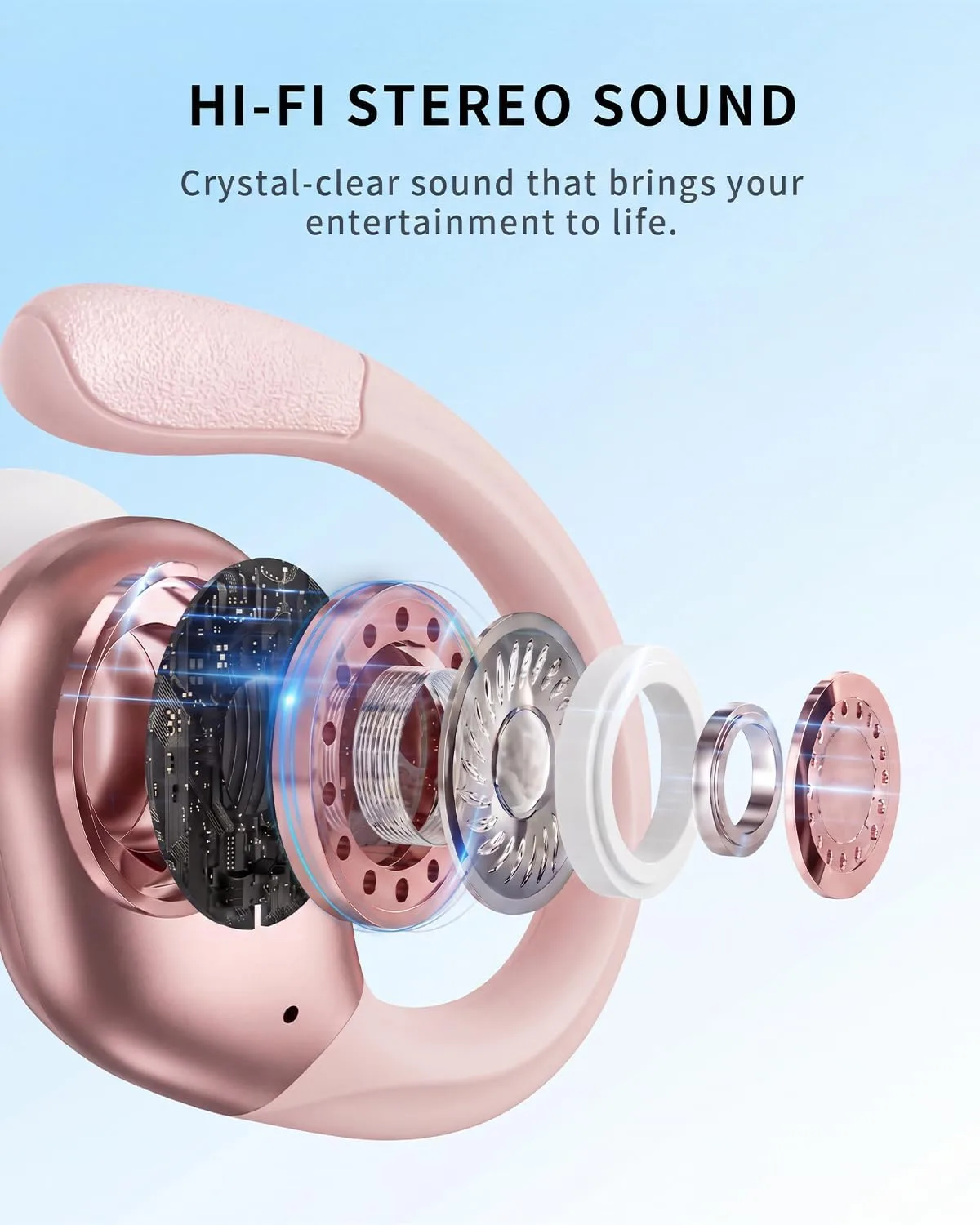 Active Noise Cancelling Ear Buds Wireless Earbuds 90H Playtime Bluetooth Headphones Stereo Bass Over-Ear Hooks Earphones with Power Display Case IPX7 Waterproof Headset for Workout/Running, Rose Gold