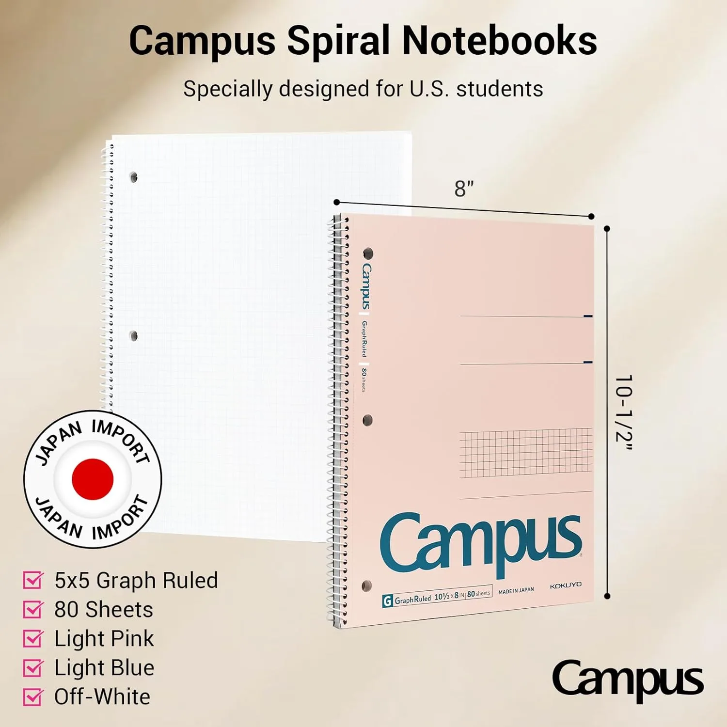 KOKUYO Spiral Notebook with 5x5 Graph Paper, 3 Pack Campus 10-1/2" x 8" Subject Notebooks, 80 Sheets, Light Pink Blue Off-White 3 Holes School Spiral Journal for Study Planner Drawing (WSG-SU-400G4×3)