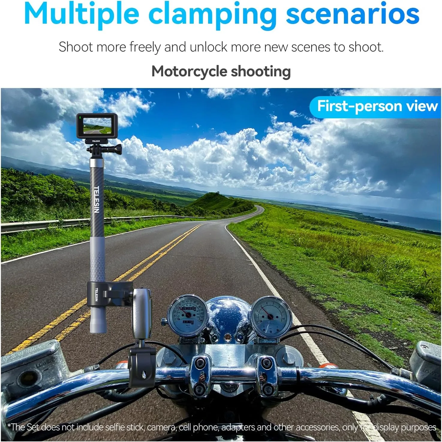 TELESIN 360 Dual Ball Clamp Mount, Bike Bicycle Motorcycle Handlebar Stick Pole Mount Holder Accessories for DJI Action 6/5/4/3, GoPro Mission 1 PRO, Hero 13 12, Insta360 Luna Ultra 360 X5, Xtra Muse
