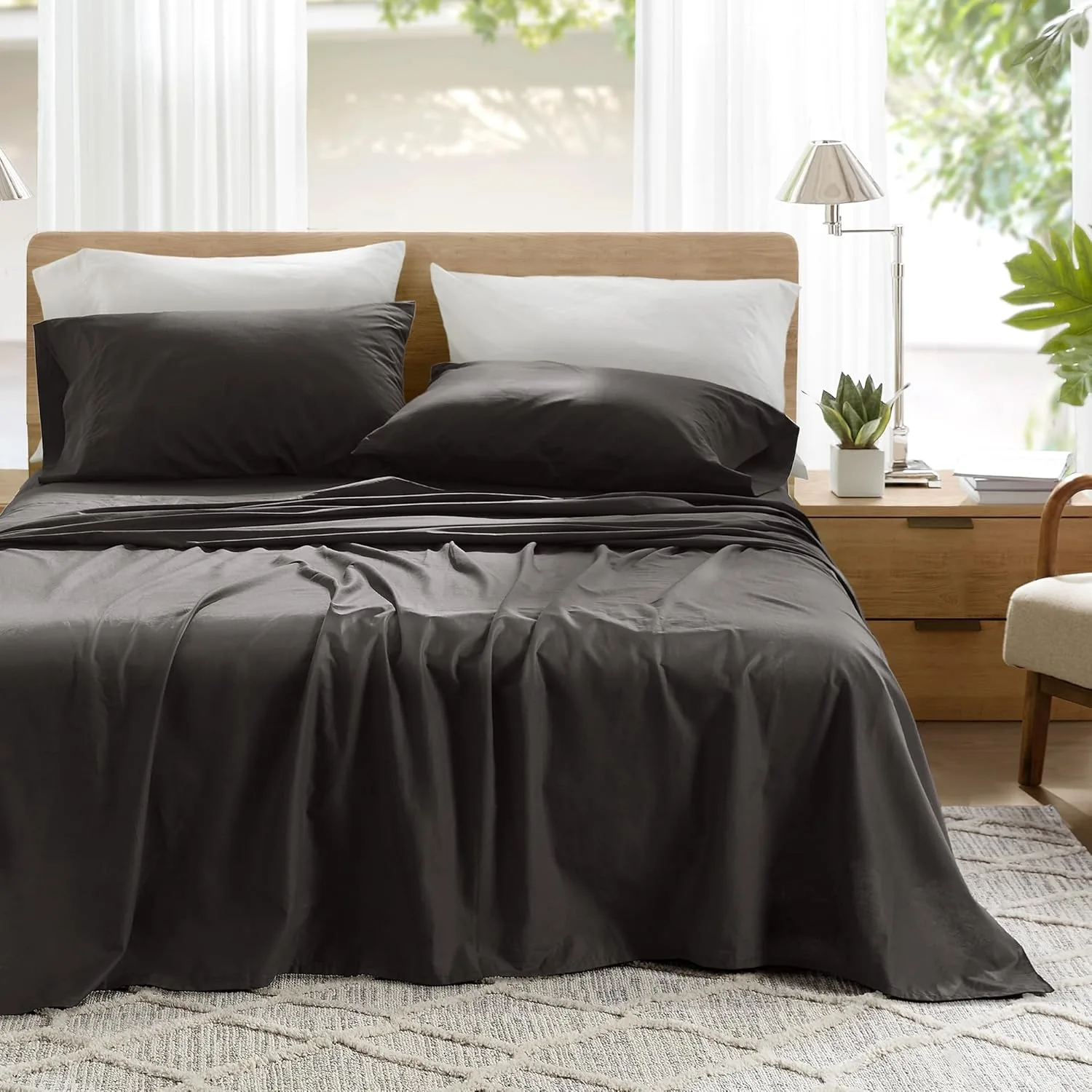 Comfort Spaces 100% Cotton Percale Sheets Queen Sheet Set 4 Pcs, Black