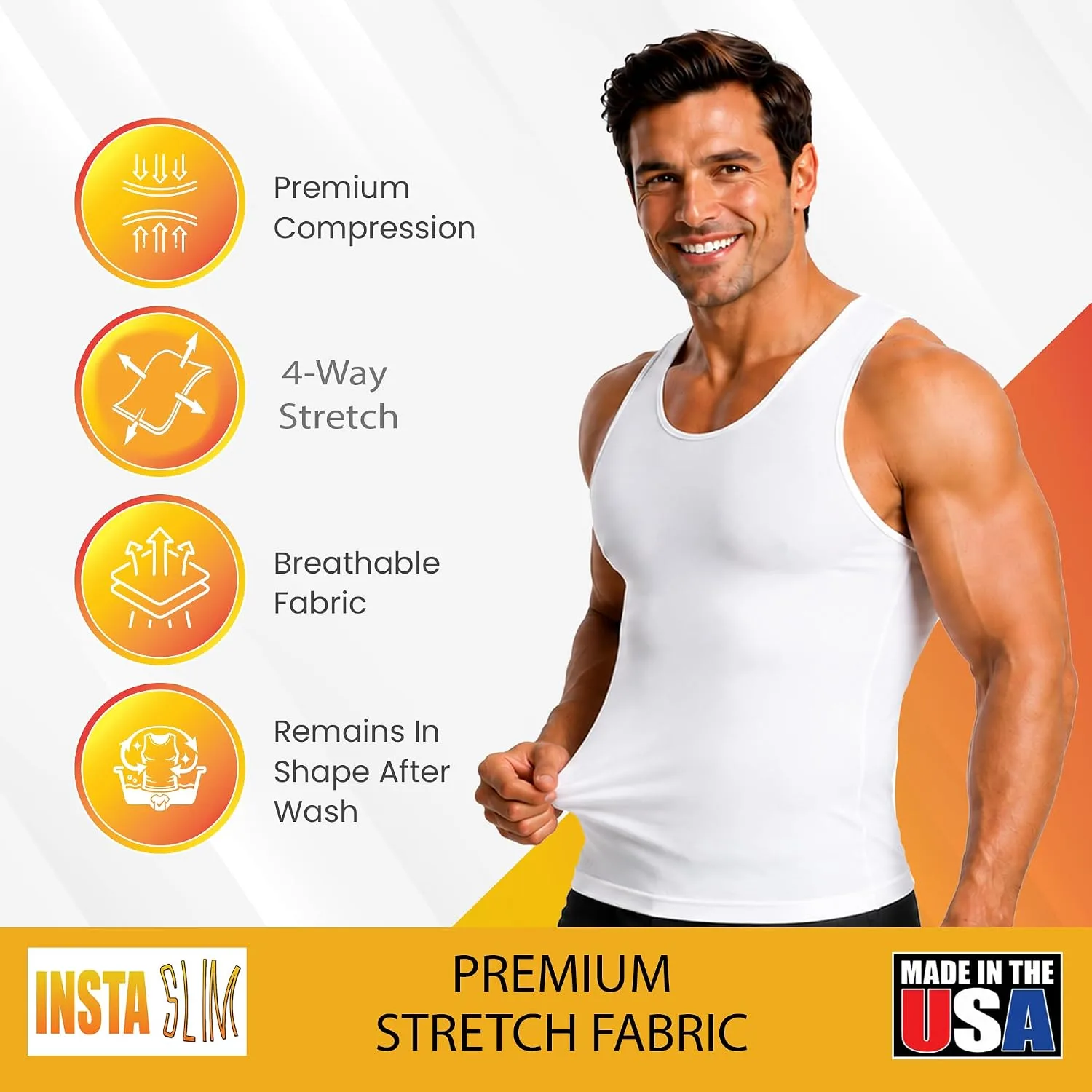 Insta Slim - Made in USA 3 Pack Compression Muscle Tank Body Shapers for Men. Back Support, Slimming Shapewear Undershirt