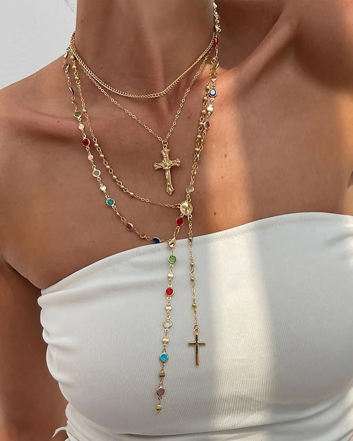 Colorful Y Shaped Necklace for Women Trendy Long Multi Color Crystal Lariat Necklace Sparkly Gemstone Chest Chain Summer Deep V-Neck Dress Outfits Jewelry Accessories