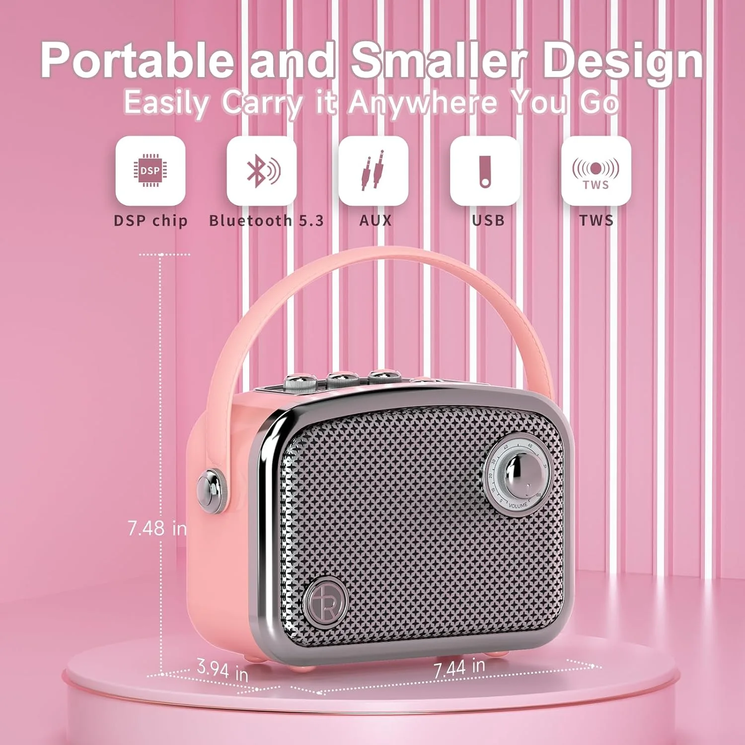 Retro Bluetooth Speaker, 40W, Vintage Decor, Small Gift for Women Man, Pink