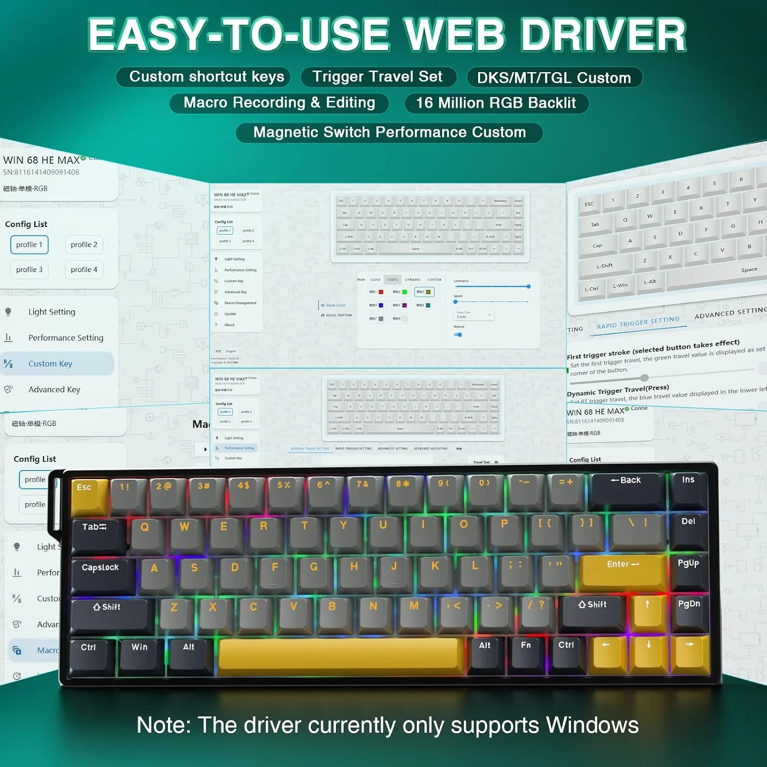 AULA WIN68 HE MAX - Hall Effect Gaming Keyboard with Magnetic Switch, Adjustable Actuation Fast Trigger Mode, 8KHz Polling Rate, RGB Backlit Wired Mechanical Gaming Keyboard 60 Percent