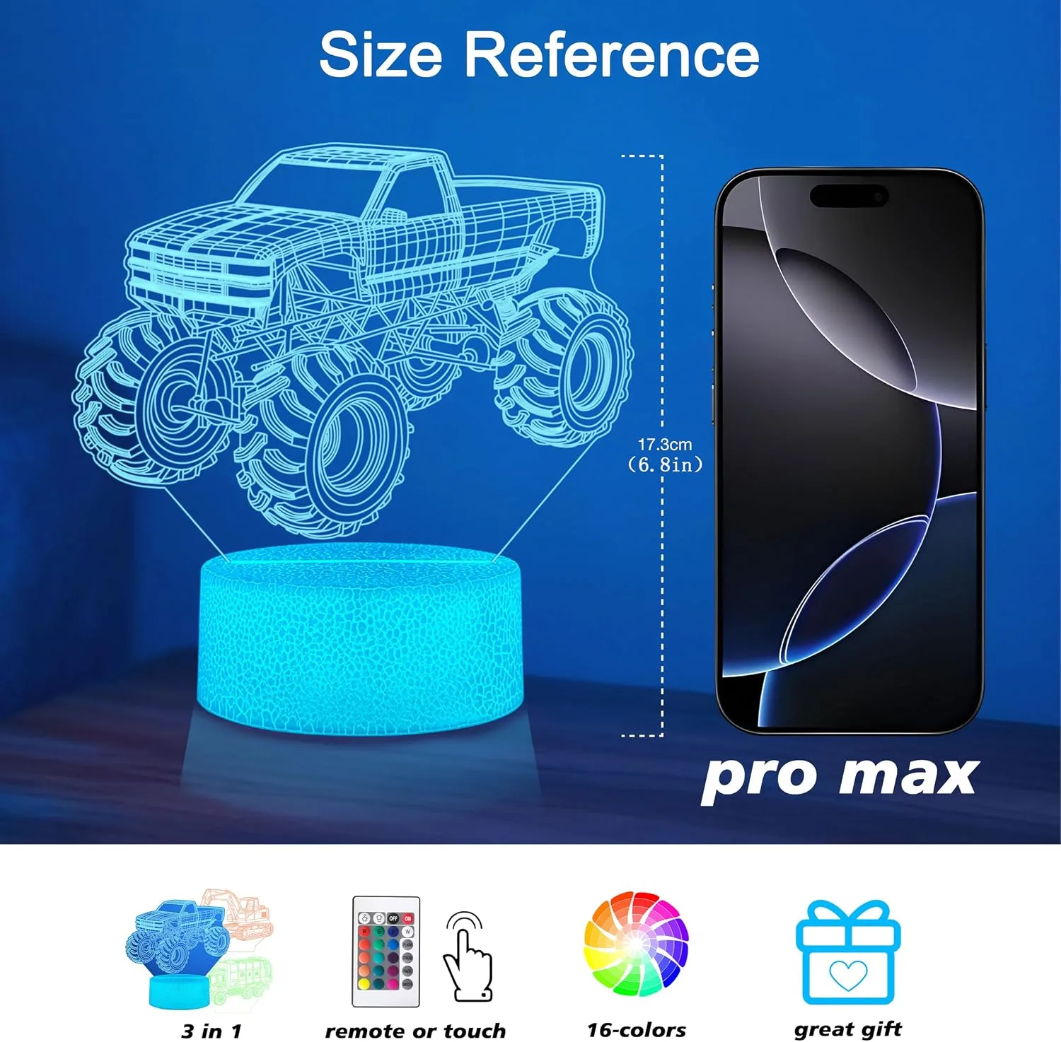 Boys Night Light with 3 Patterns, 3D Acrylic Car Illusion Lamp, Monster Truck Room Decor, 16 Color Changing with Remote Control, Birthday & Holiday Gift for Monster Truck Fans
