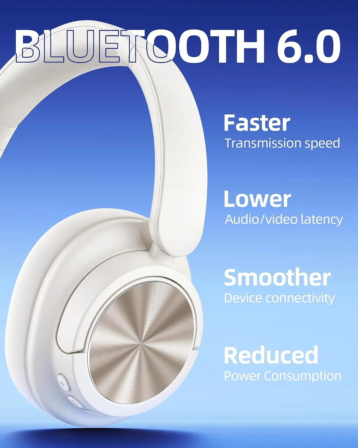 Hybrid Active Noise Cancelling Headphones 120H Playtime Wireless Headphones Bluetooth 6.0 Over Ear Headphones With 6 ENC HD Call Mic Hi-Res 360° Spatial Audio Headphone for Travel Workout Bright White
