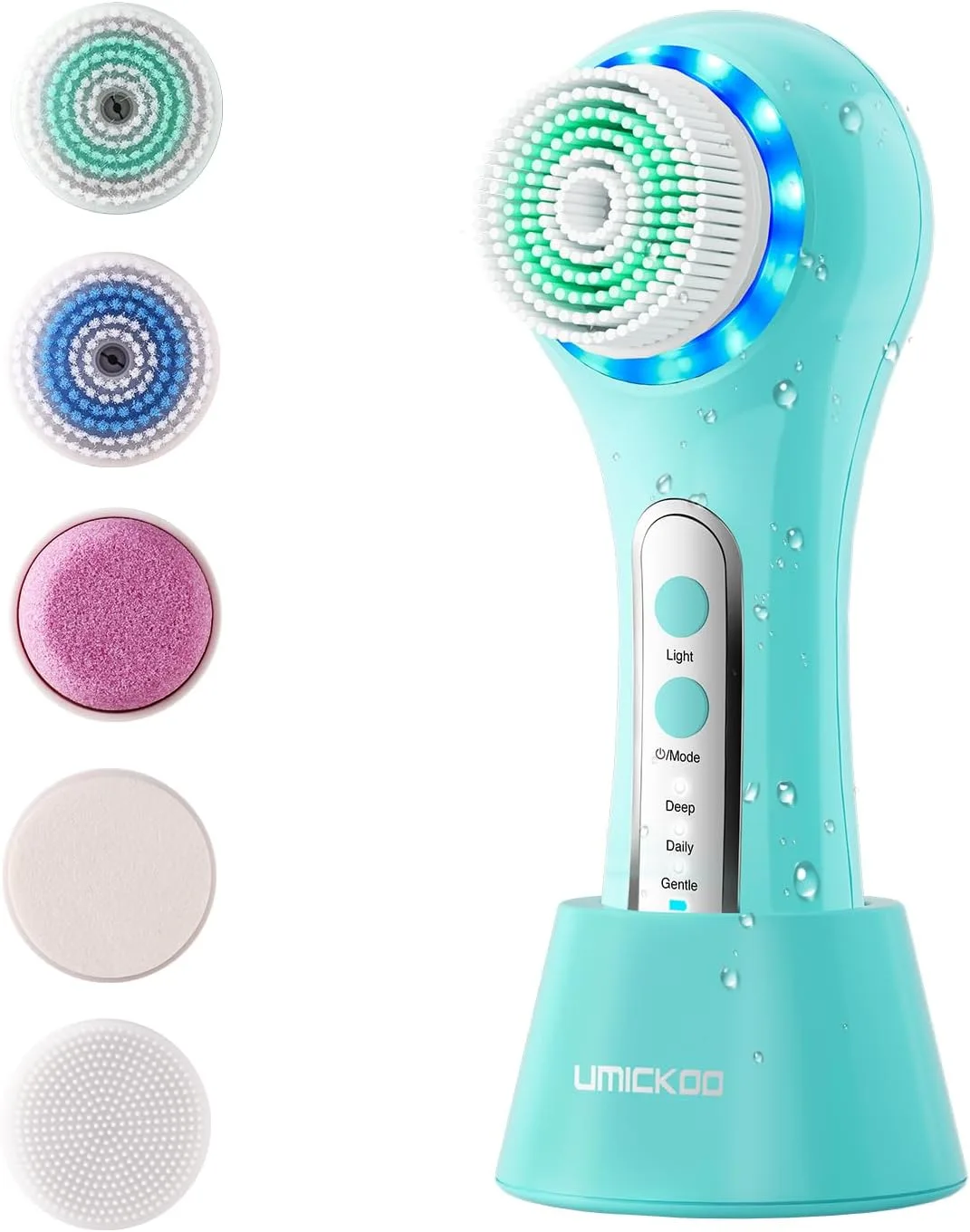 UMICKOO Electric Facial Cleansing Brush, 2-Way Rotating Face Scrubber for Daily & Deep Cleaning, 3 Modes, 5 Brush Heads, Rechargeable, IPX7 Waterproof for All Skin Types