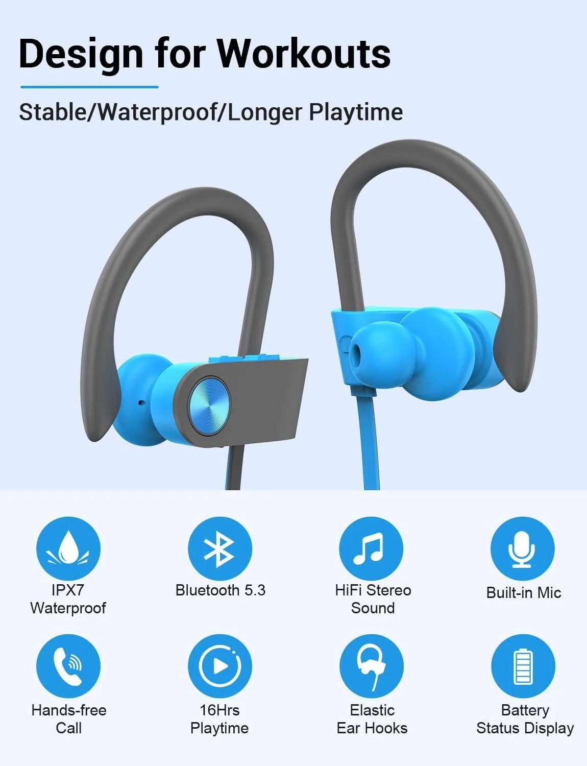 Bluetooth 5.3 Headphones, Wireless Sports In-Ear Earbuds IPX7 Waterproof